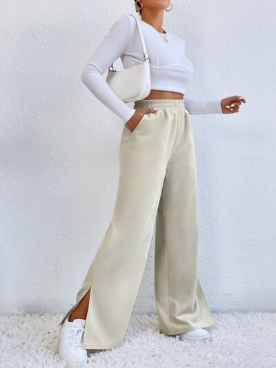 Slit Pocketed High Waist Wide Leg Pants - Flyclothing LLC