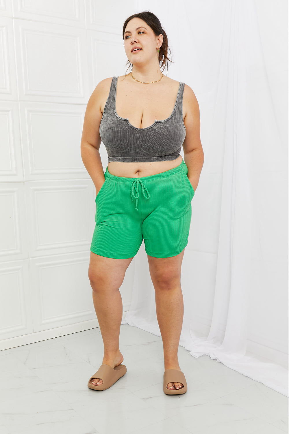 Blumin Apparel Too Good Full Size Ribbed Shorts in Green - Flyclothing LLC