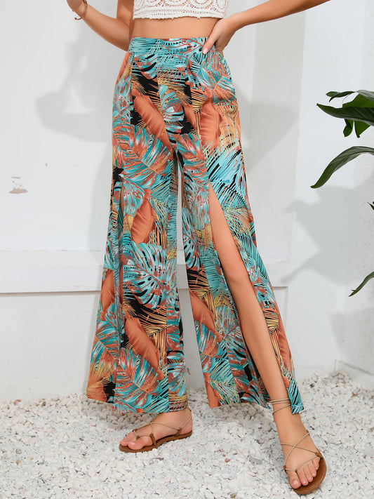 Printed Split Wide Leg Long Pants - Flyclothing LLC