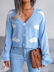 Cloud Print Button Down Ribbed Trim Cardigan - Flyclothing LLC