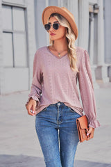 Lace Trim V-Neck Flounce Sleeve Top - Trendsi