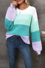 Color Block Round Neck Dropped Shoulder Sweater - Flyclothing LLC