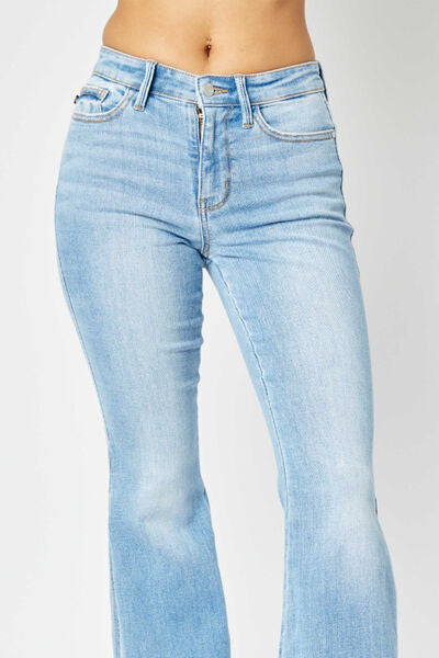 Judy Blue Full Size Mid Rise Raw Hem Slit Flare Jeans - Flyclothing LLC