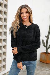 Dropped Shoulder Round Neck Fuzzy Sweater - Flyclothing LLC