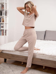 Round Neck Short Sleeve Top and Pants Lounge Set - Flyclothing LLC