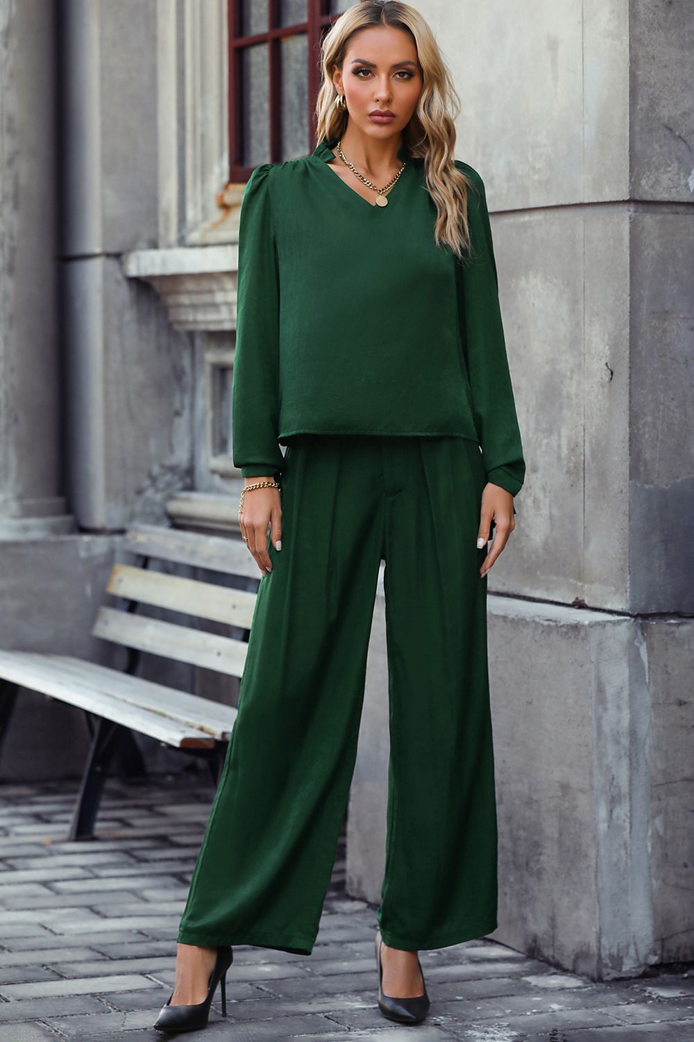 V-Neck Long Sleeve Top and Wide Leg Pants Set - Flyclothing LLC