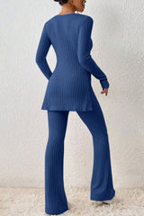 Ribbed Long Sleeve Slit Top and Bootcut Pants Set - Flyclothing LLC