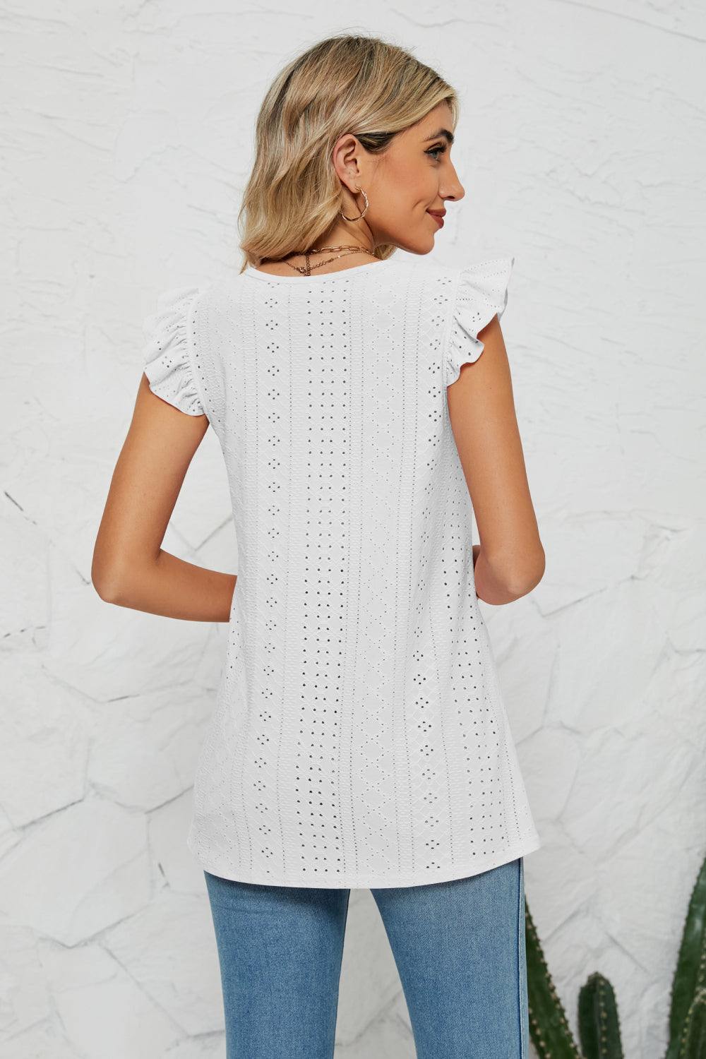 Smocked Round Neck Eyelet Top - Flyclothing LLC