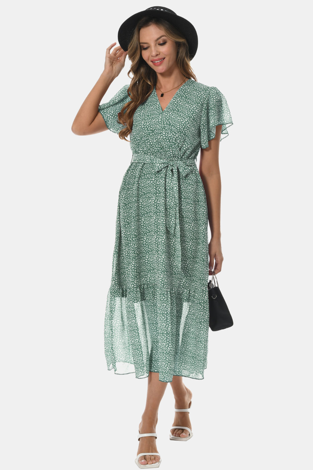 Surplice Neck Flutter Sleeve Tied Dress - Flyclothing LLC