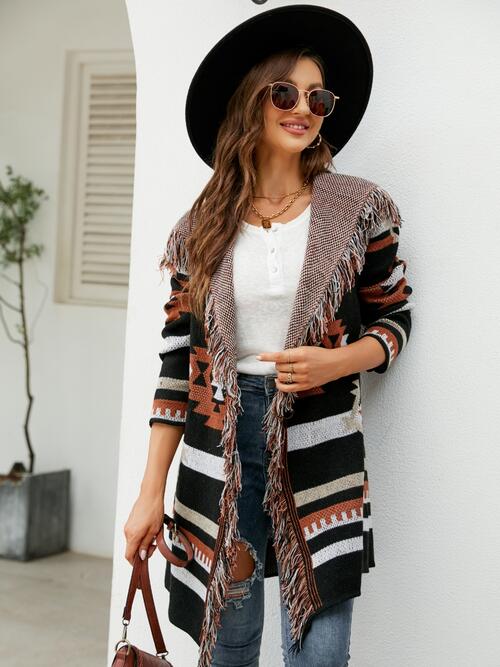 Fringe Geometric Hooded Long Sleeve Cardigan - Flyclothing LLC