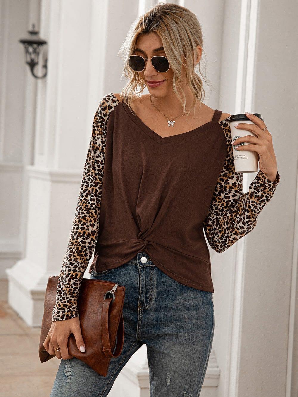 Leopard Twist Front Cold-Shoulder Tee - Trendsi