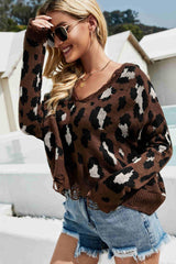 Animal Print Distressed V-Neck Drop Shoulder Sweater - Flyclothing LLC