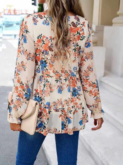 Printed Flounce Sleeve Tiered Blouse - Flyclothing LLC
