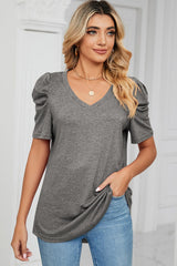 Heathered V-Neck Puff Sleeve T-Shirt - Flyclothing LLC