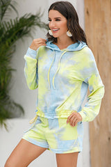 Tie-Dye Drawstring Hoodie and Shorts Set - Flyclothing LLC