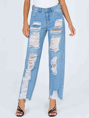 Raw Hem Distressed Straight Jeans - Flyclothing LLC