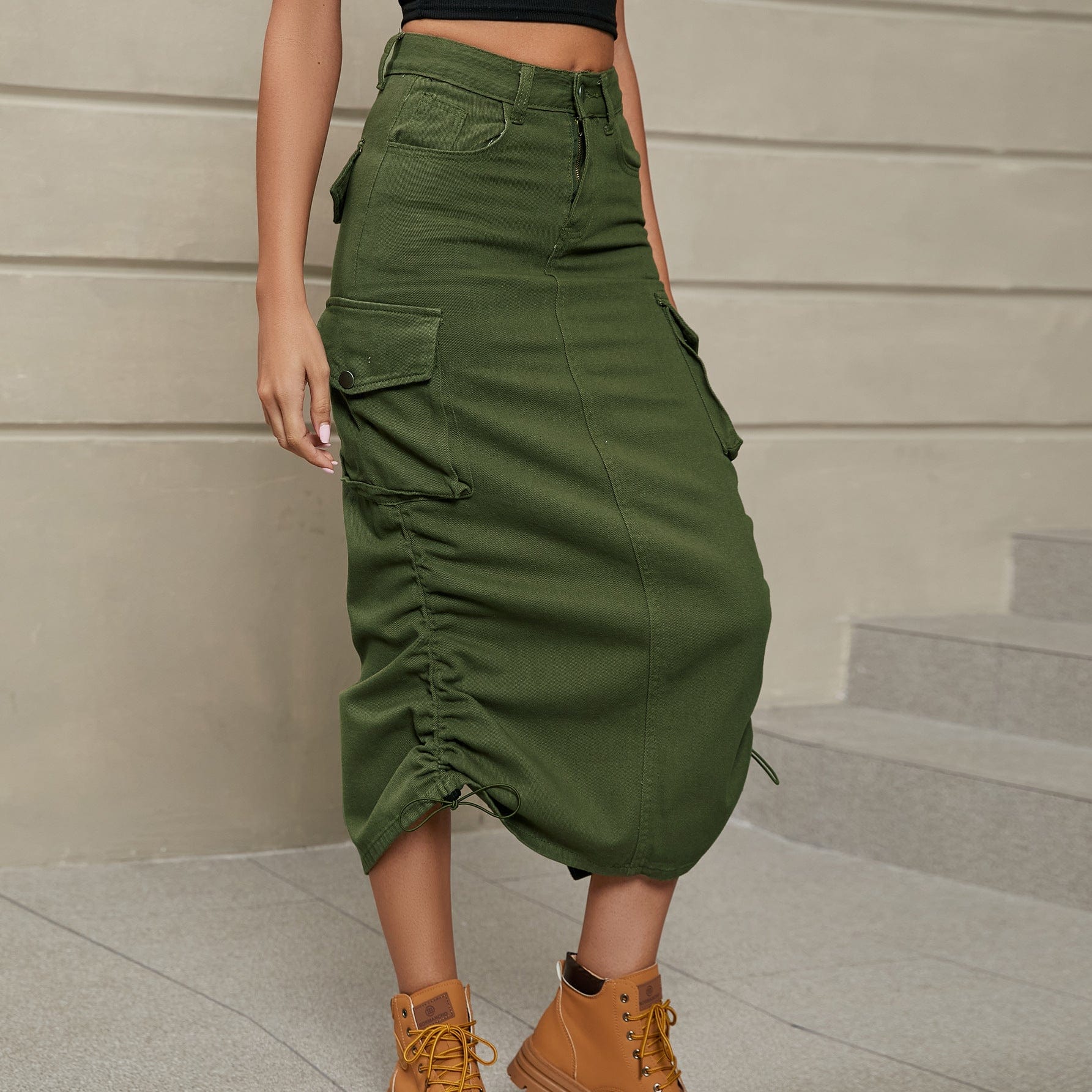 Drawstring Ruched Slit Denim Midi Skirt - Trendsi