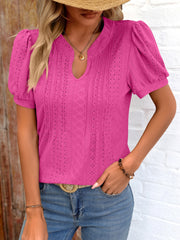 Eyelet Notched Puff Sleeve T-Shirt - Flyclothing LLC