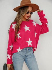 Star Round Neck Dropped Shoulder Sweater - Flyclothing LLC