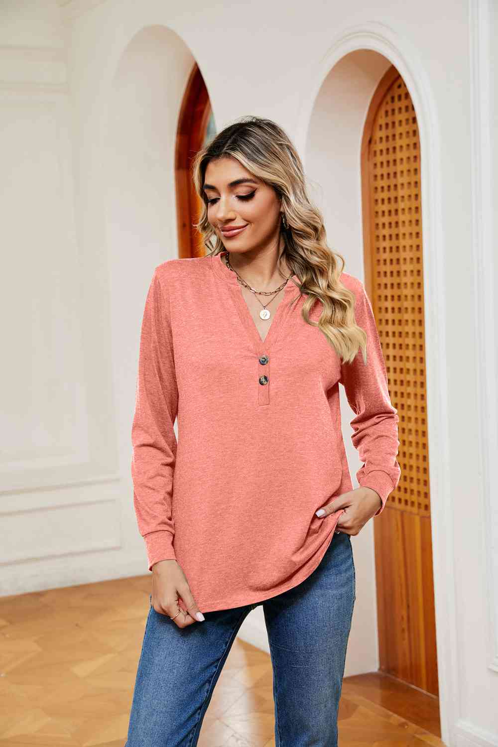 Buttoned Notched Neck Long Sleeve Top - Trendsi