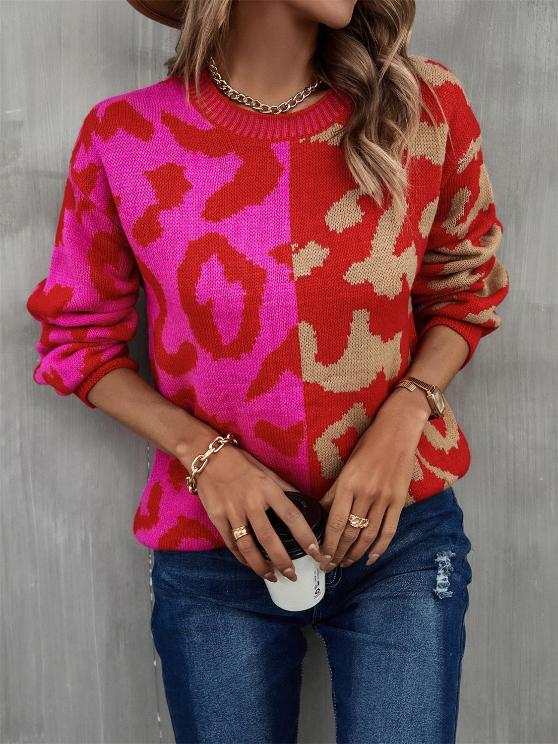 Leopard Round Neck Long Sleeve Sweater - Trendsi