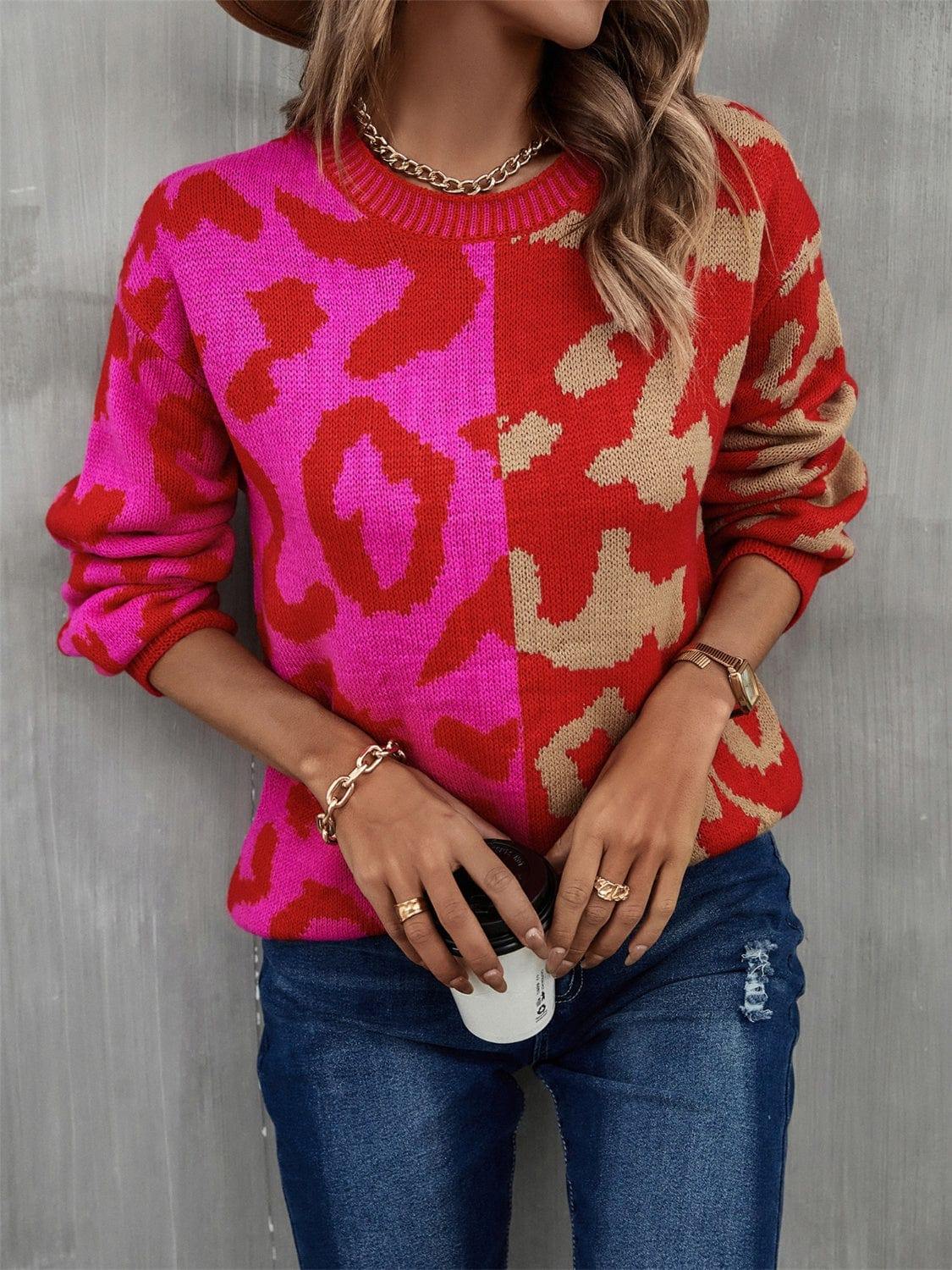 Leopard Round Neck Long Sleeve Sweater - Trendsi