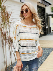 Eyelet Striped Round Neck Knit Top - Flyclothing LLC