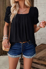 Eyelet Square Neck Puff Sleeve T-Shirt - Flyclothing LLC