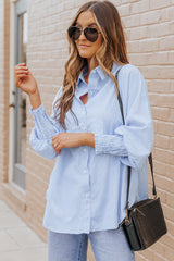 Striped Lantern Sleeve Collared Shirt - Flyclothing LLC