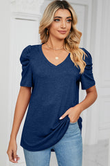 Heathered V-Neck Puff Sleeve T-Shirt - Trendsi