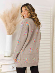 Star Pattern Open Front Cardigan with Pockets - Flyclothing LLC