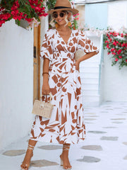 Printed Surplice Balloon Sleeve Dress - Flyclothing LLC