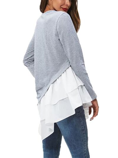 Tiered Contrast Round Neck Long Sleeve T-Shirt - Flyclothing LLC