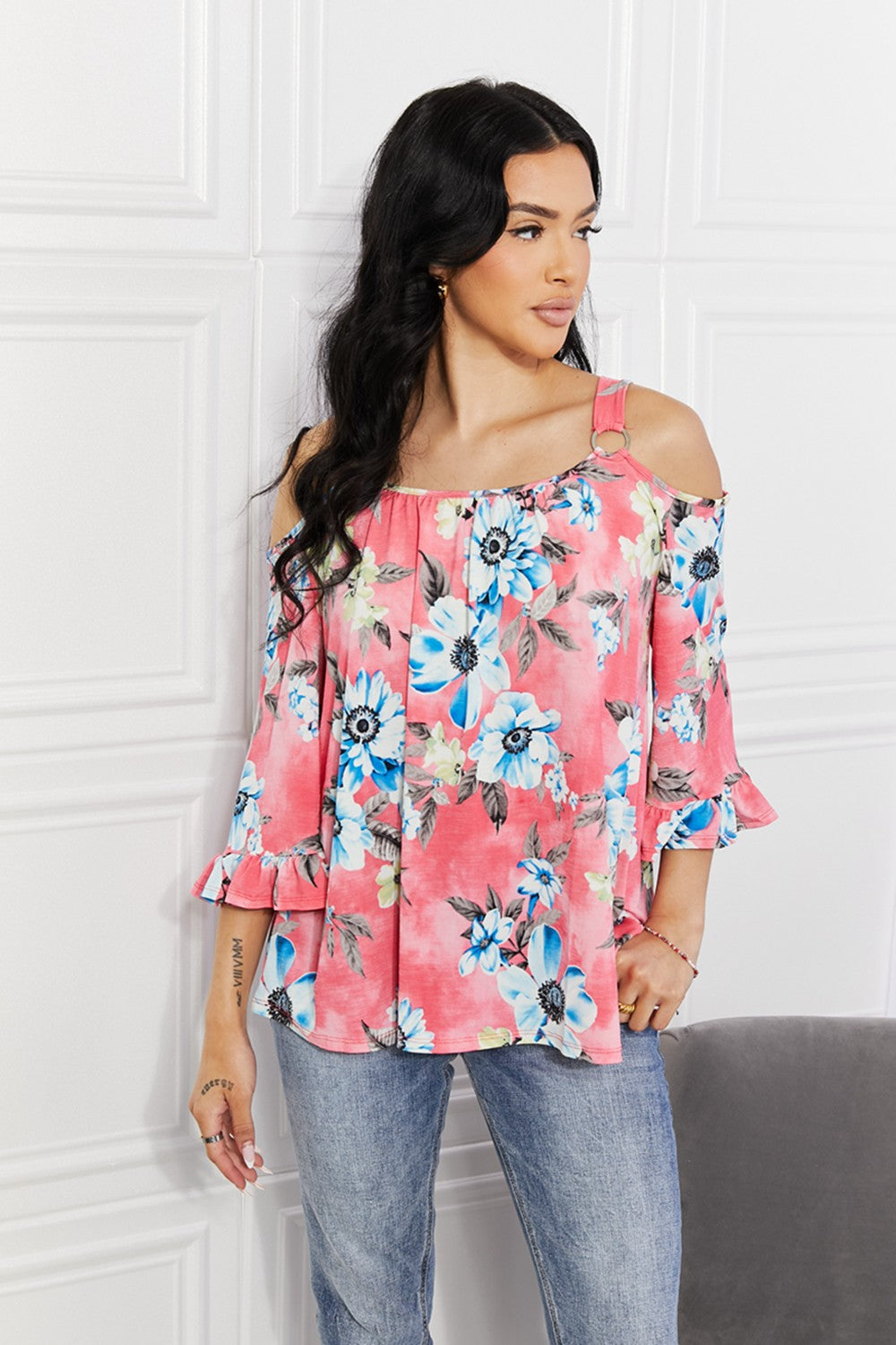 Sew In Love Full Size Fresh Take  Floral Cold-Shoulder Top - Flyclothing LLC