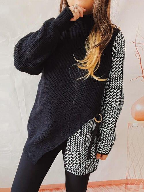 Houndstooth Turtleneck Long Sleeve Slit Sweater - Trendsi