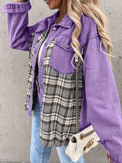 Plaid Button Up Dropped Shoulder Jacket - Flyclothing LLC