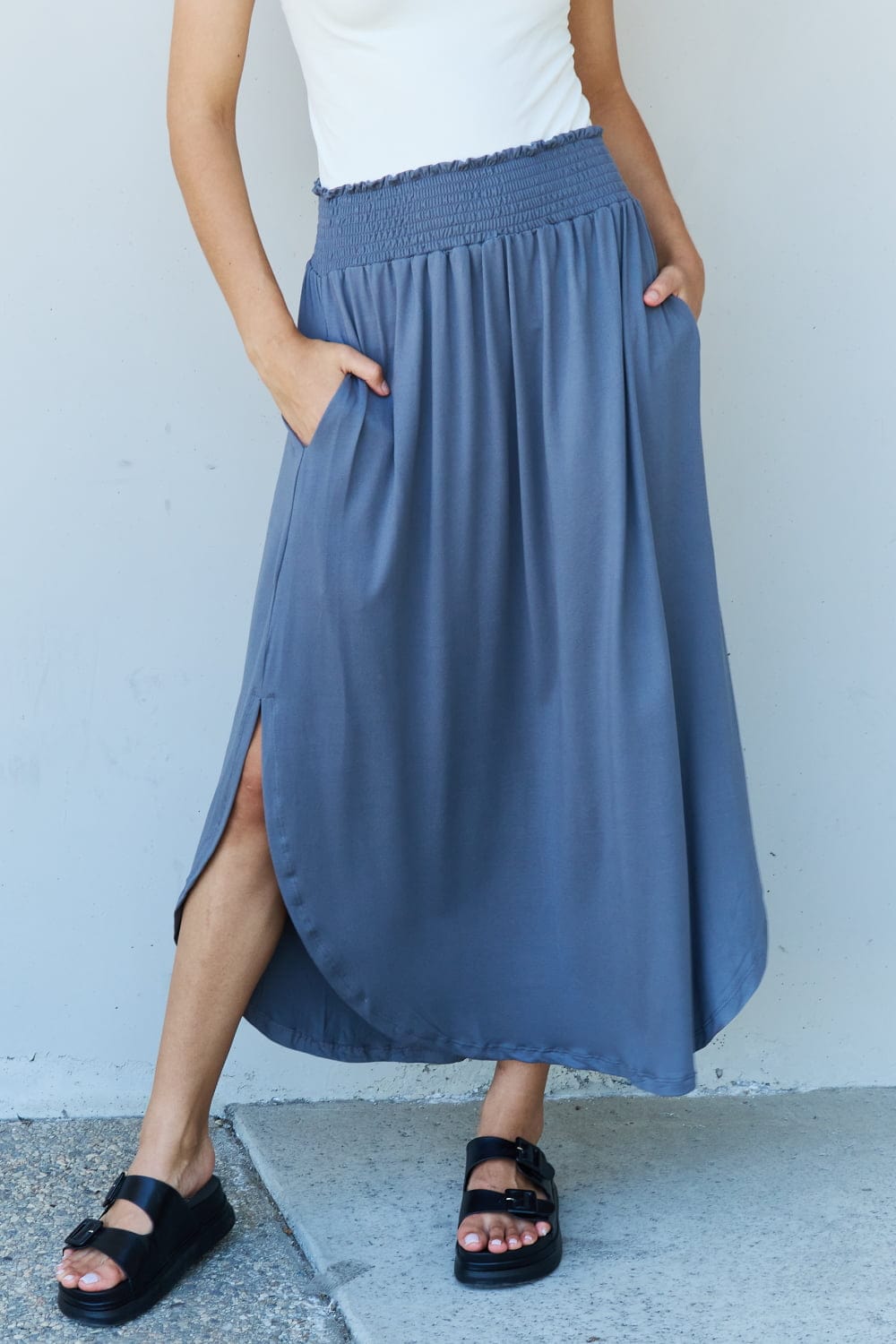 Doublju Comfort Princess Full Size High Waist Scoop Hem Maxi Skirt in Dusty Blue - Trendsi