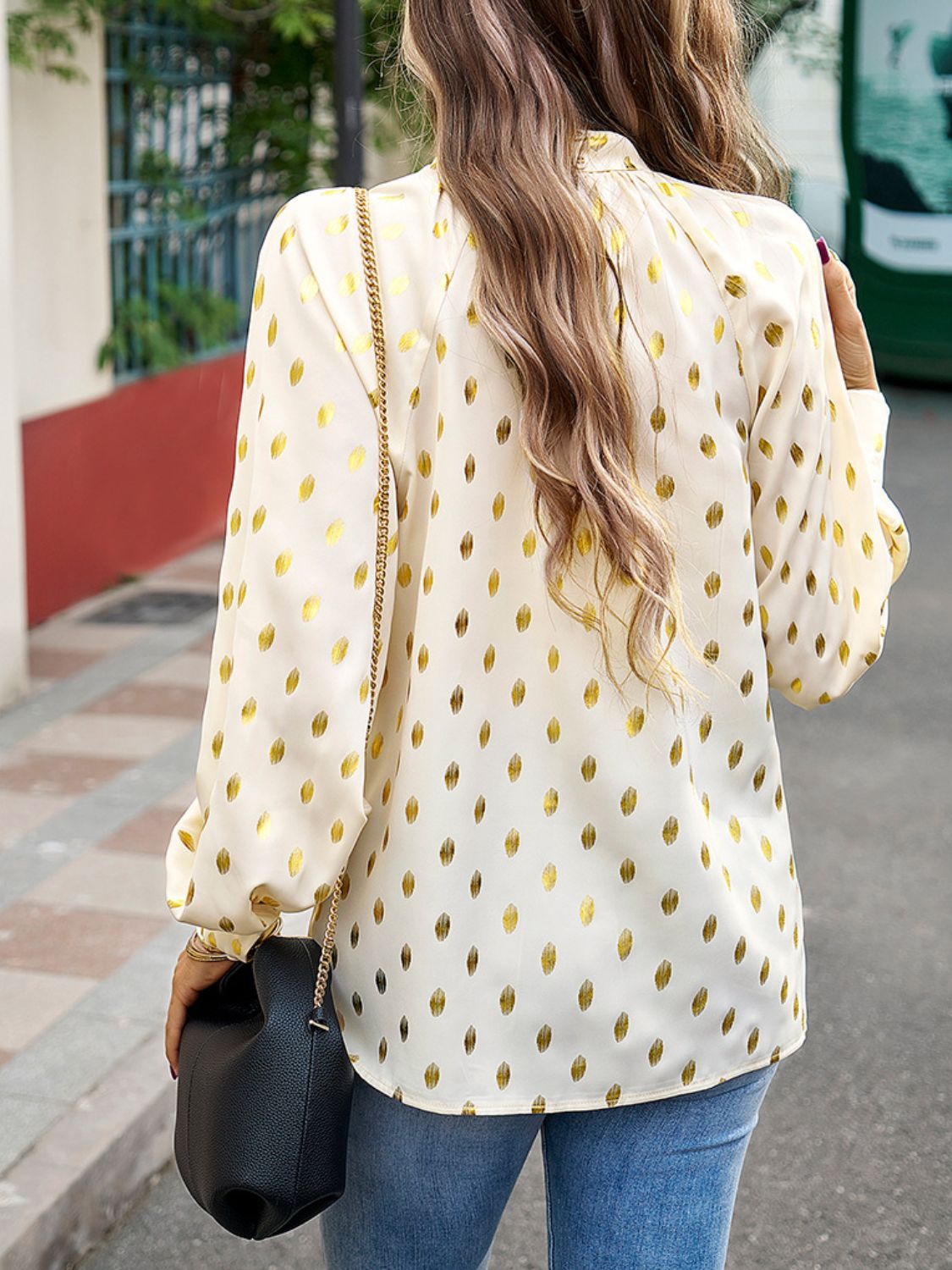 Mock Neck Cutout Lantern Sleeve Blouse - Flyclothing LLC