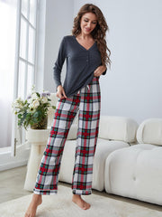 Buttoned Long Sleeve Top and Plaid Pants Lounge Set - Flyclothing LLC