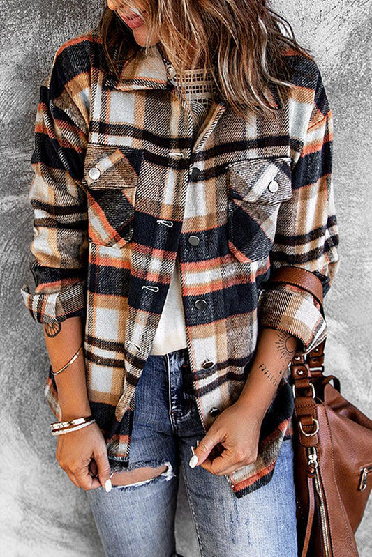 Plaid Button Front Shirt Jacket with Breast Pockets - Flyclothing LLC