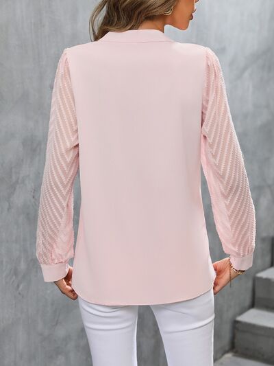 Notched Long Sleeve Blouse - Flyclothing LLC