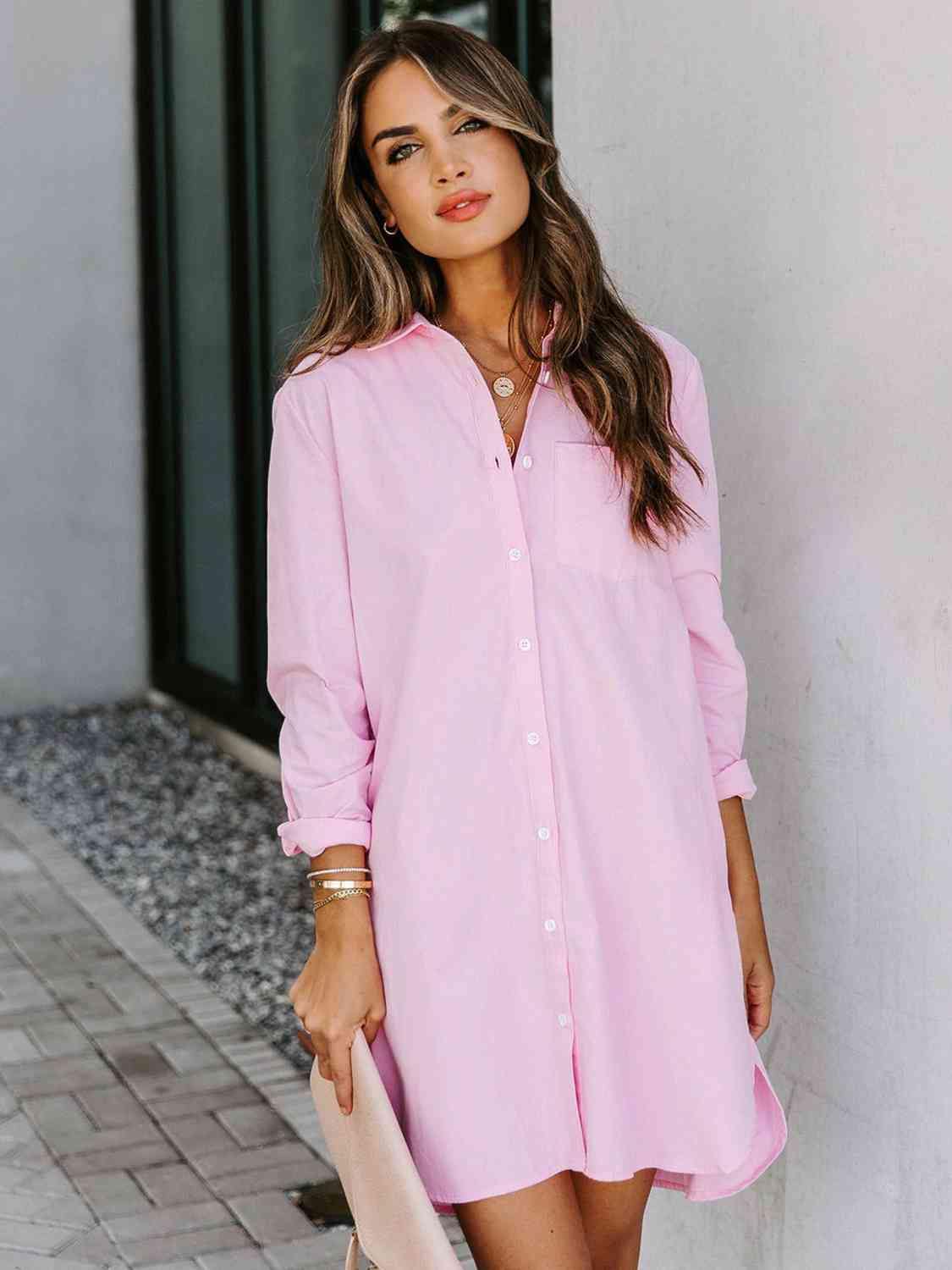 Button Up Collared Neck Long Sleeve Shirt Dress - Trendsi