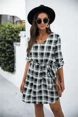 Plaid V-Neck Tie Waist Dress - Flyclothing LLC