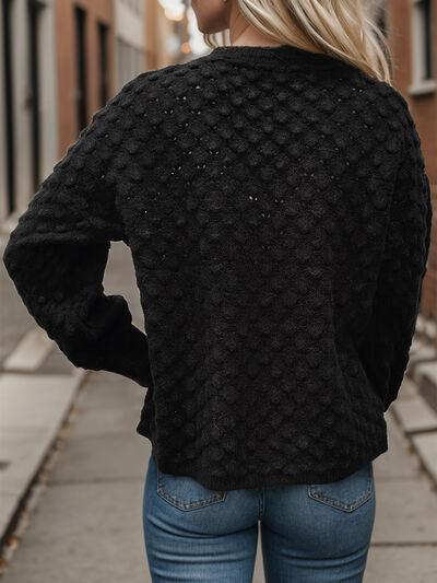 Openwork Round Neck Long Sleeve Sweater - Flyclothing LLC