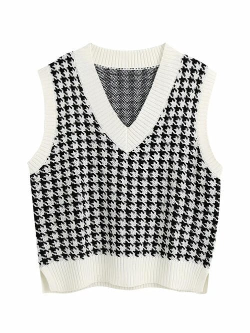 Houndstooth V-Neck Sweater Vet - Trendsi