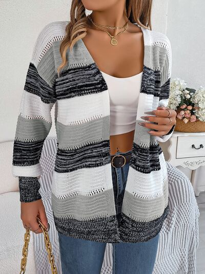 Openwork Striped Open Front Cardigan - Flyclothing LLC