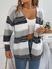 Openwork Striped Open Front Cardigan - Flyclothing LLC