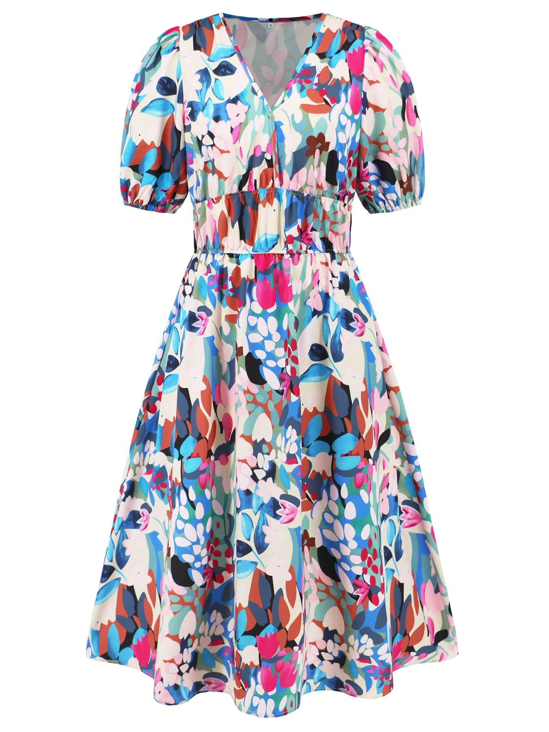 Ruched Printed Surplice Short Sleeve Dress - Flyclothing LLC