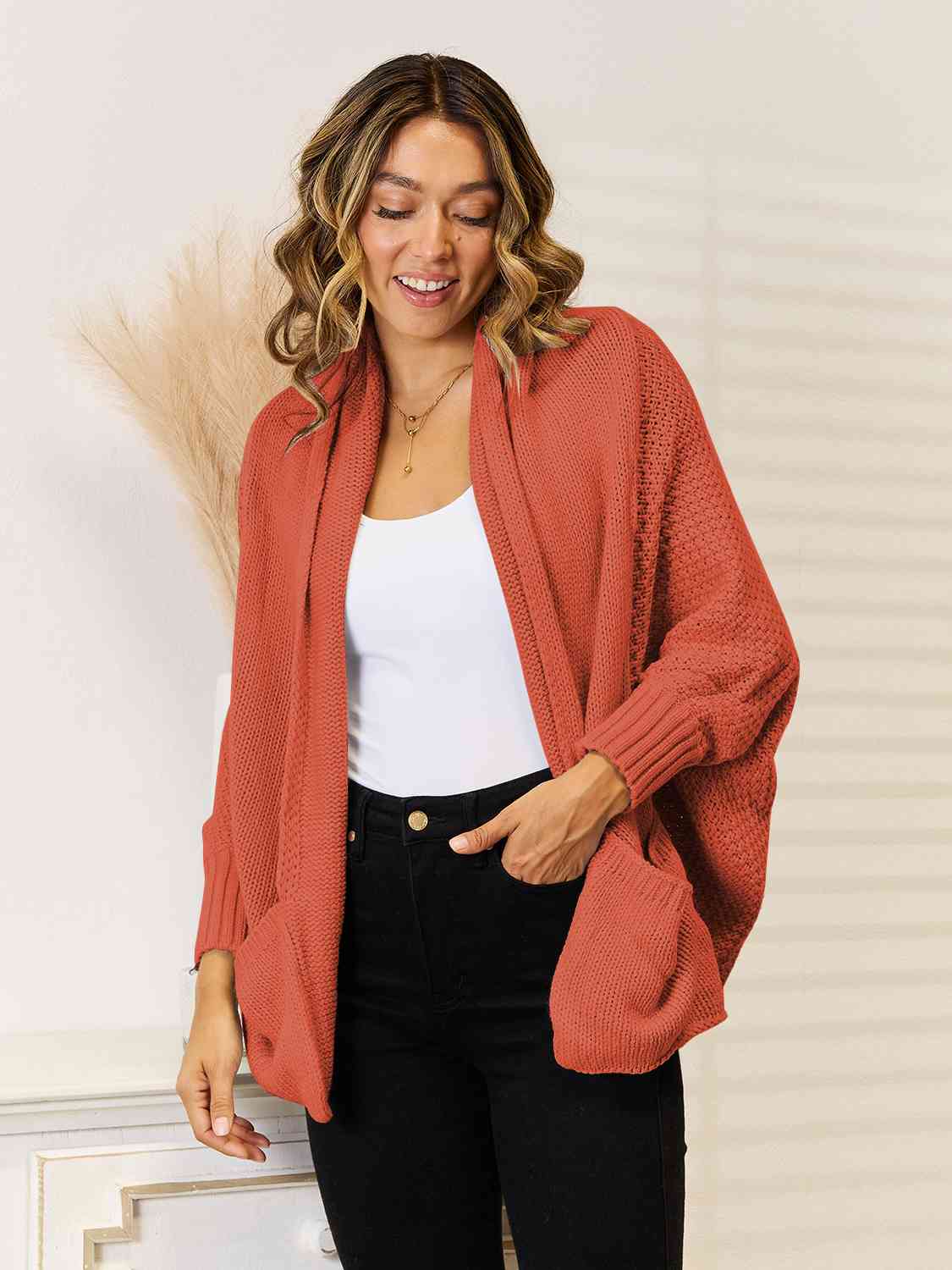 Open Front  Cardigan with Pockets - Flyclothing LLC