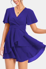 Surplice Neck Flutter Sleeve Dress - Flyclothing LLC